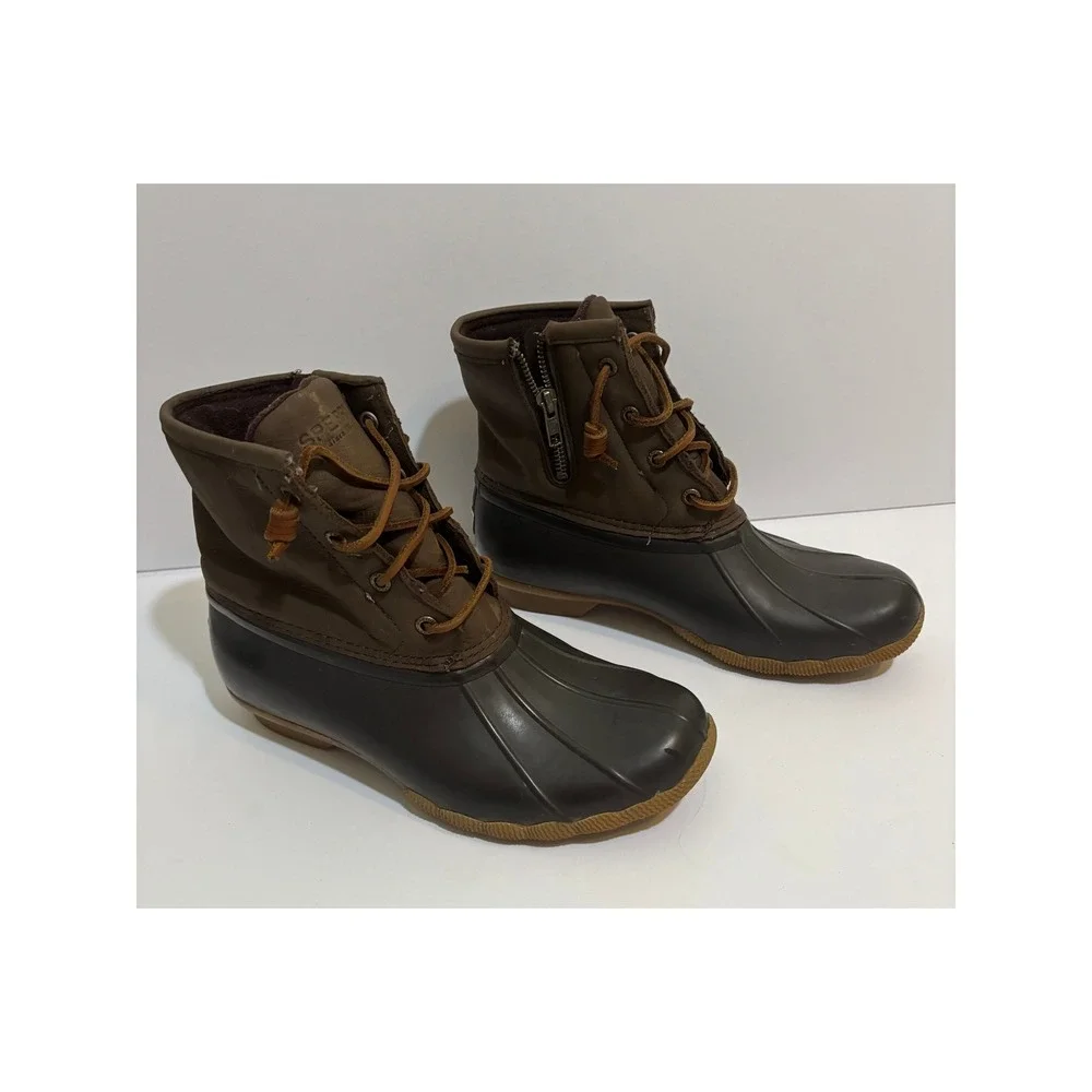 Sperry Saltwater Waterproof Duck Boots Brown Olive Green STS99729 Womens 8 M